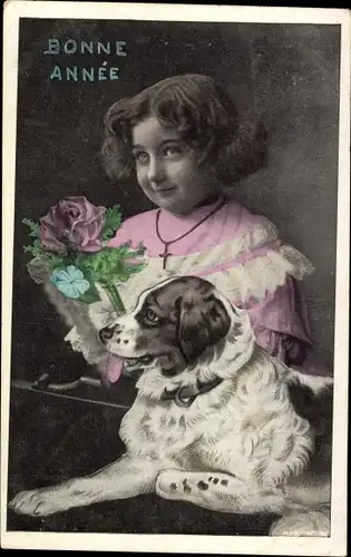 Ak Glückwunsch Neujahr, Bonne Année, Mädchen mit Hund, Blumen