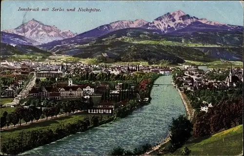 Ak Innsbruck in Tirol, Stadtansicht, Fluss, Serles, Nockspitze