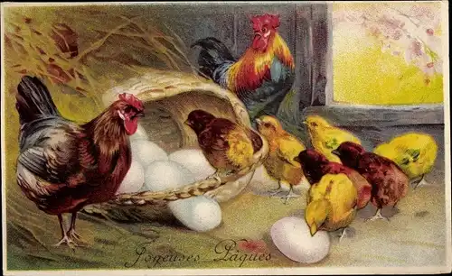 Ak Glückwunsch Ostern, Hahn, Huhn, Küken, Eier