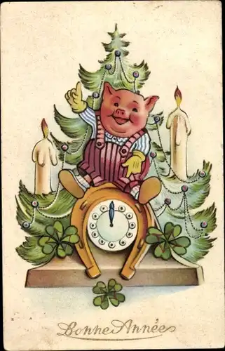 Ak Glückwunsch Neujahr, Schwein, Uhr, Hufeisen, Kleeblätter, Tannenbaum