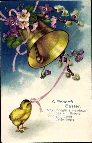 Ak Glückwunsch Ostern, Küken läutet die Glocke, Weidenkätzchen, Blüten