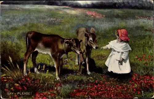 Künstler Ak Mädchen und Kälber auf einer Wiese