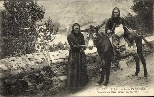 Ak Scenes et Types des Pyrenees, Femmes du Pays allant au Marche, Esel