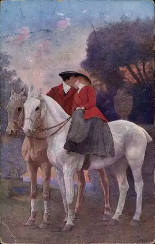 Ak Küssendes Liebespaar auf Pferden
