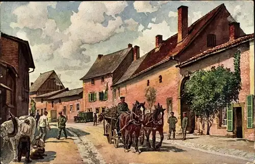 Künstler Ak Soldaten in einer Ortschaft, Pferdefuhrwerk, Hufschmied