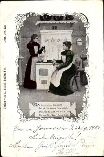 Passepartout Ak Zwei Frauen in der Küche, Herd, Du liebes herzig Töchterlein