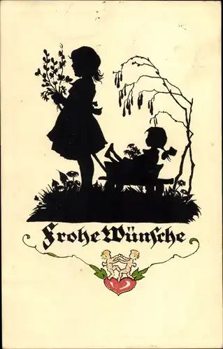 Scherenschnitt Ak Plischke, Georg, Frohe Wünsche, Mädchen mit Blumen und Puppe