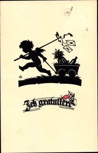 Scherenschnitt Ak Glückwunsch, Ich gratuliere, Engel mit Handkarren