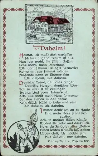 Gedicht Ak Daheim, Georg Thiele, Heimat, ich muss dich verlassen, Soldat mit Fahne, I WK
