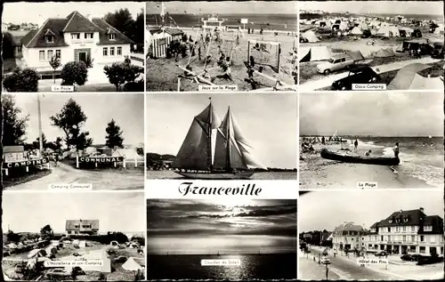 Ak Franceville Calvados, Segelschiff, La Plage, Camping, La Poste