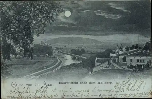 Mondschein Ak Saarbrücken im Saarland, Saaransicht, Panorama mit Hallberg, Halberg