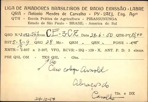 Ak QSL Funkerkarte PY2AEJ, Antonio Mendes de Carvalho, Liga de Amadores Brasileiros de Radio Emissao