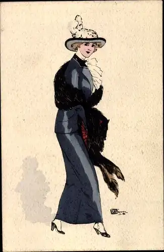 Künstler Ak Dame mit Hut und Pelzstola, Mode