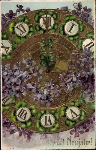 Präge Ak Glückwunsch Neujahr, Uhr, Kleeblätter, Veilchen