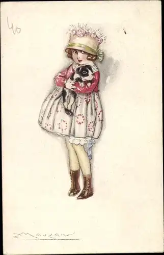 Künstler Ak Mauzan, Mädchen mit Hund