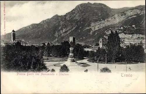 Ak Trento Trient Südtirol, Piazza Dante con Monumento a Stazione