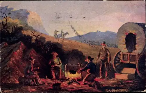 Künstler Ak Davenport, R. A., The Camp Fire, Cowboys am Lagerfeuer