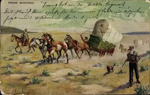 Künstler Ak Innes, John, USA, Prairie Schooner, Planwagen, Reiter