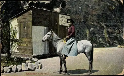 Ak USA, Western Life, Frau auf einem Pferd