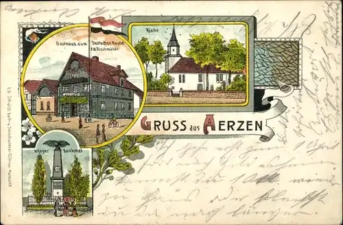 Litho Aerzen im Weserbergland, Gasthaus zum Deutschen Hause, Kirche, Kriegerdenkmal