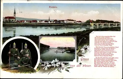 Ak Rinteln an der Weser, Panorama vom Ort, Weserlied, Dt. Soldaten, Portrait, Weserpartie