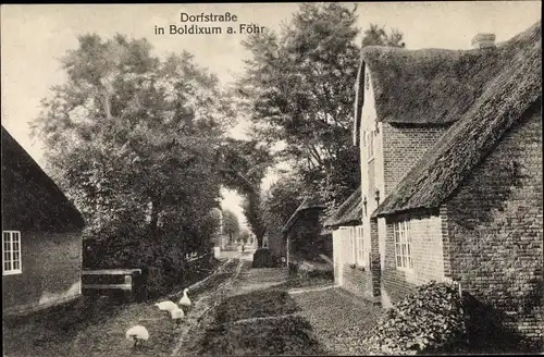 Ak Boldixum Wyk auf Föhr, Dorfstraße mit Backsteinhaus und Gänsen