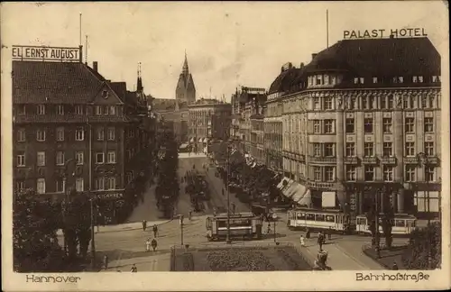 Ak Hannover in Niedersachsen, Bahnhofstraße, Palasthotel, Straßenbahnen