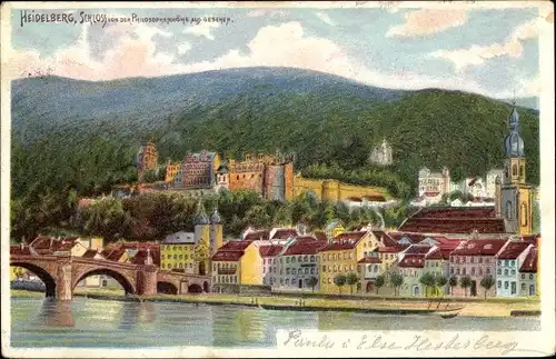 Litho Heidelberg am Neckar, Schloss von der Philosophenhöhe aus gesehen