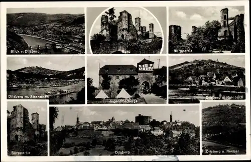 Ak Dilsberg Neckargemünd, Jugendherberge, Burg, Strandbad, Neckar, Reinbach