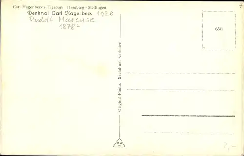 Ak Hamburg Eimsbüttel Stellingen, Carl Hagenbeck's Tierpark, Denkmal von Carl Hagenbeck, R. Marcuse