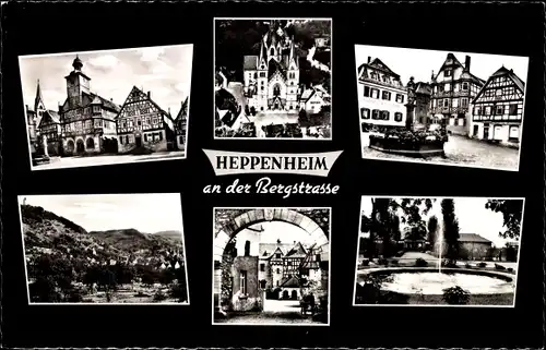Ak Heppenheim an der Bergstraße,, Marktplatz, Fachwerk, Kirche, Tor, Brunnen, Teilansicht
