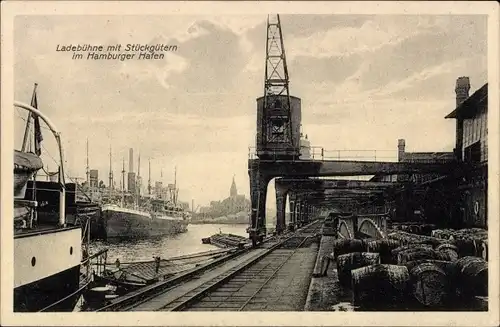 Ak Hamburg Mitte, Ladebühne mit Stückgütern im Hafen, Hafenkran, Fässer