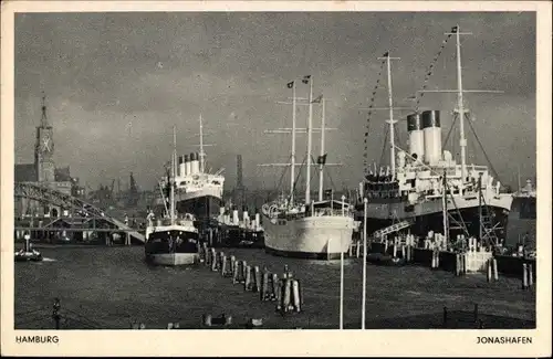 Ak Hamburg Mitte St. Pauli, Jonashafen mit Segelbooten und Dampfschiffen, Kirche