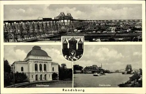 Ak Rendsburg in Schleswig Holstein, Hochbrücke, Stadttheater, Drehbrücke, Wappen