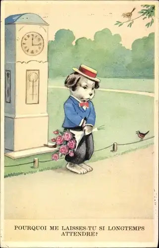 Ak Pourquoi me laisses-tu si longtemps attendre, wartender vermenschlichter Hund