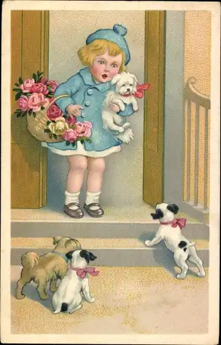 Ak Mädchen mit jungen Hunden, Rosenkorb
