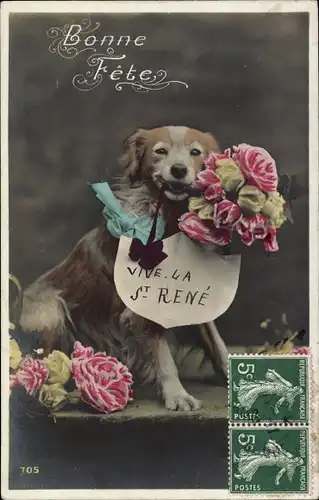 Ak Glückwunsch Geburtstag, Bonne Fete, Hund mit Blumenstrauß