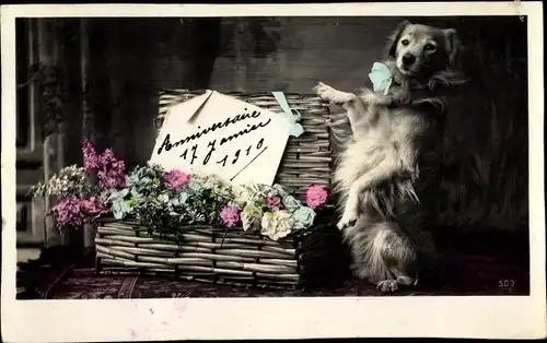 Ak Langhaariger Hund, Korb mit Blumen