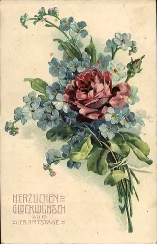Präge Litho Glückwunsch Geburtstag, Rose und Vergissmeinnicht