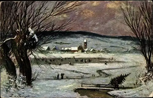 Künstler Ak Senger, L. v., Landschaft, Personen beim Eislaufen, Ortschaft
