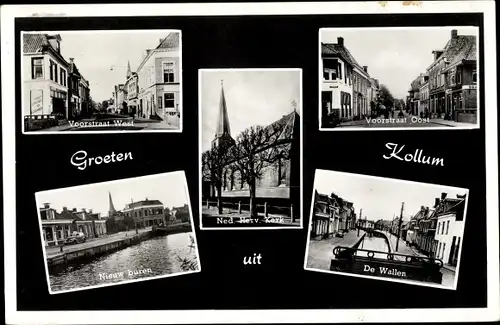 Ak Kollum Friesland, Nieuw buuren, Ned. Herv. Kerk, Voorstraat, De Wallen