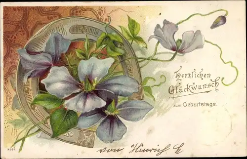 Präge Ak Glückwunsch Geburtstag, Blumen, Hufeisen