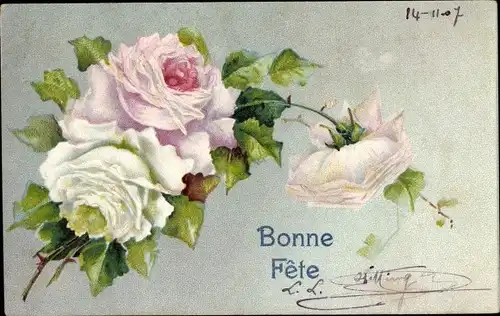 Präge Ak Glückwunsch, Blühende Rosen, Bonne Fete