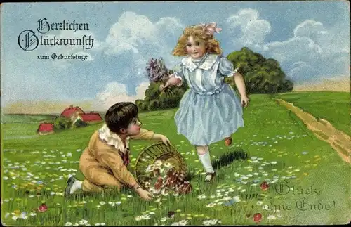 Ak Glückwunsch Geburtstag, Kinder, Blumenwiese