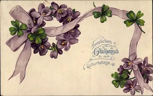 Präge Ak Glückwunsch Geburtstag, Veilchen, Glücksklee, Schleife
