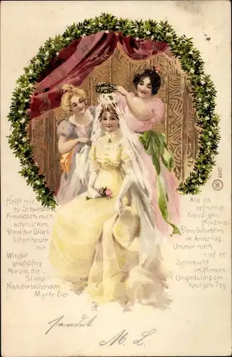 Präge Ak Junge Frau vor der Trauung, Braut, Weißes Kleid, Kranz