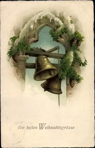 Ak Glückwunsch Weihnachten, Glocken, Zapfen, Tannenzweige