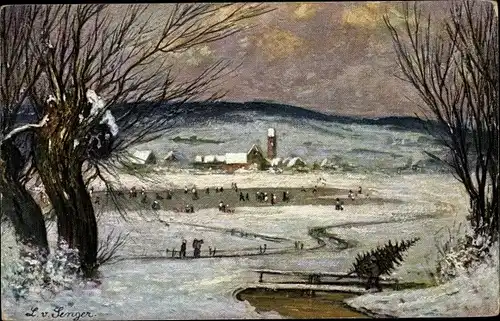 Künstler Ak v. Senger, L., Winterlandschaft, Eisläufer