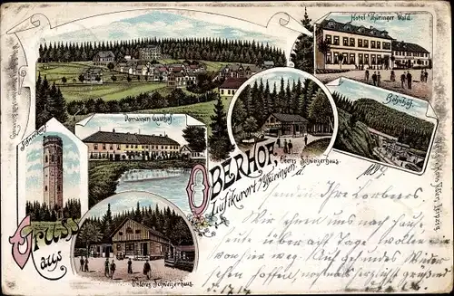 Litho Oberhof in Thüringen, Hotel Thüringer Wald, Bahnhof, Domainen Gasthof