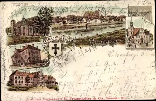 Litho Verden an der Aller, Dom, Seminar, Rathaus, Kirche, Seminar, Totale, Gymnasium